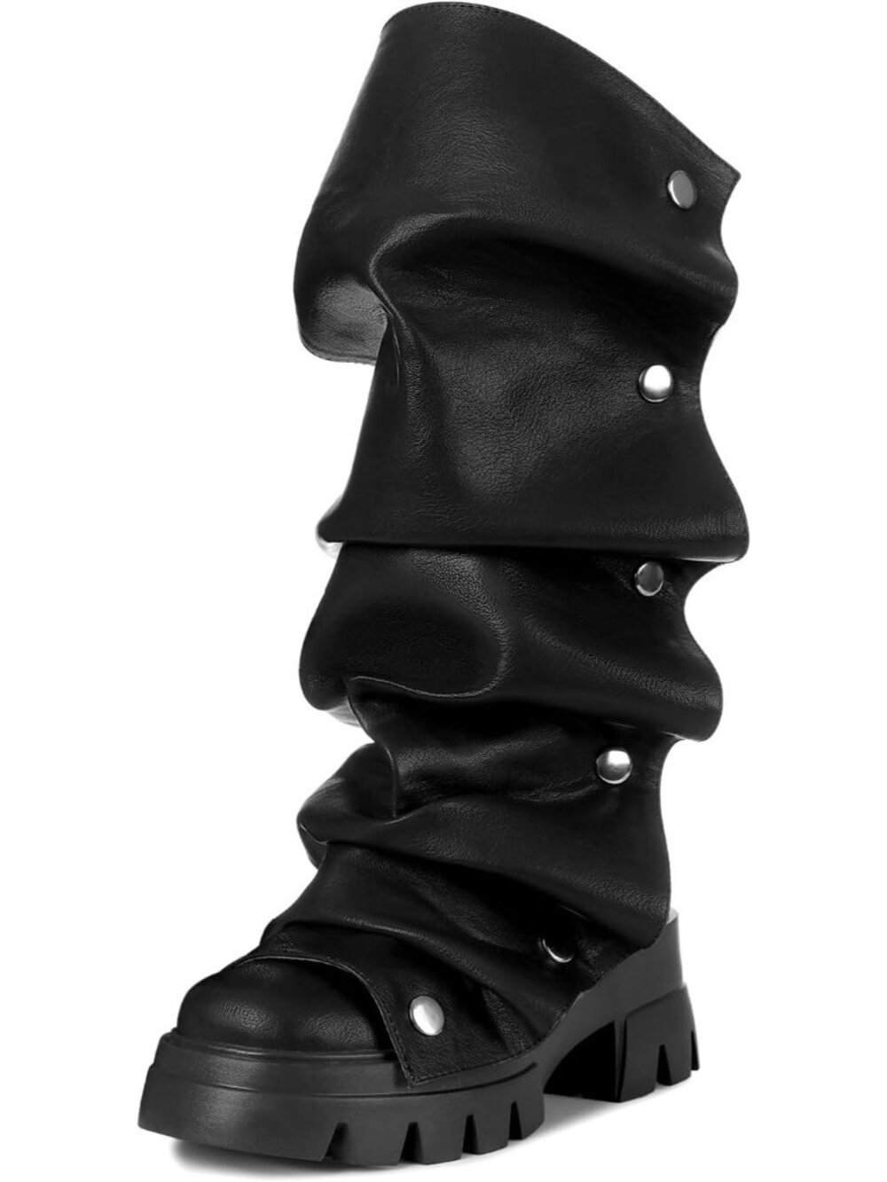 Women's Black Faux Leather Fold Over Slouchy Dress Chunky Stacked Round Toe Boot